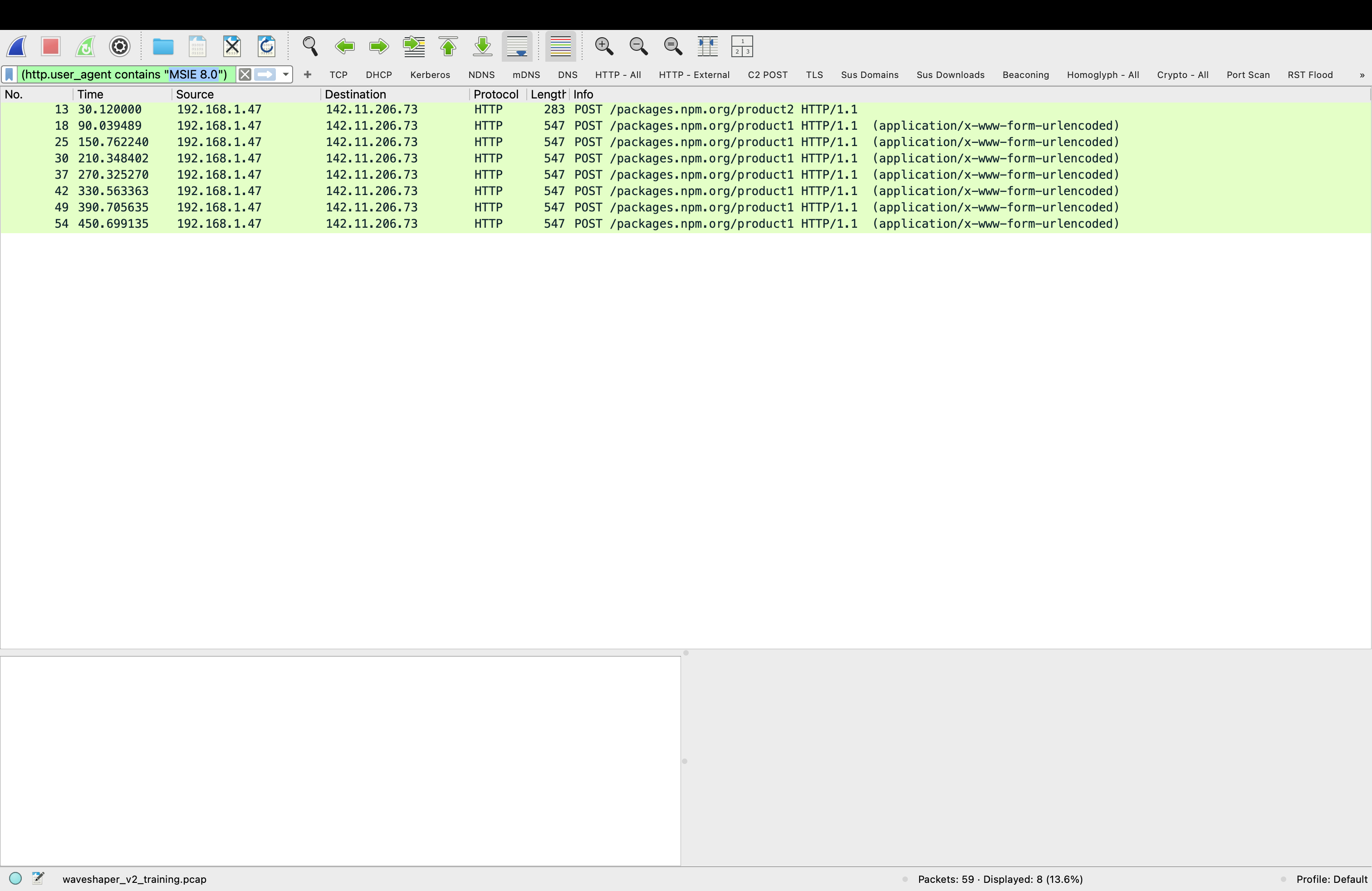 Wireshark showing 8 POST beacons filtered by IE8 User-Agent string
